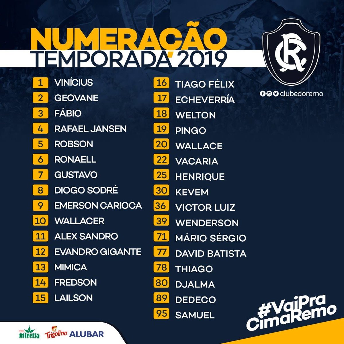 remo100porcento's tweet photo. Confira a numeração oficial dos jogadores do @ClubeDoRemo na temporada 2019! https://t.co/NF50AqnNzr