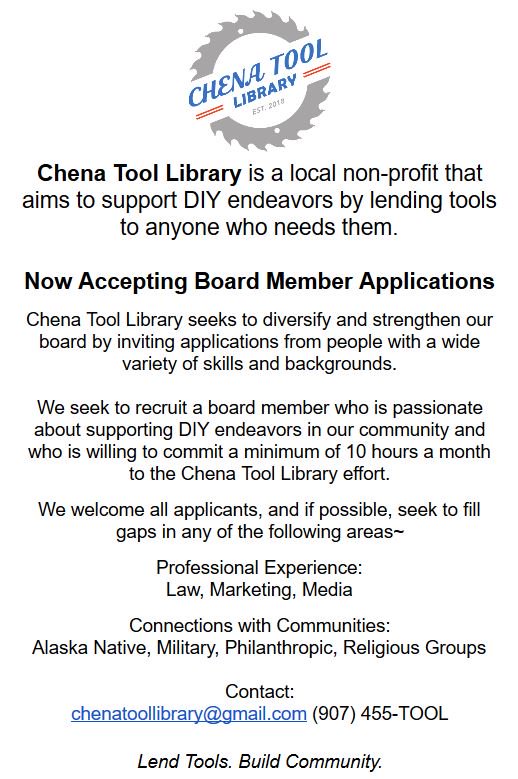 ChenaTool's tweet photo. We have 2 CTL board positions open. If you are interested in joining the  board you can contact us various ways; stop by during open hours (Sat 9  am -1 pm, Wed 6-8 pm), FB messenger, e-mail, or call. Contact info at https://t.co/MD86gsETsz https://t.co/1rFMjSH69L
