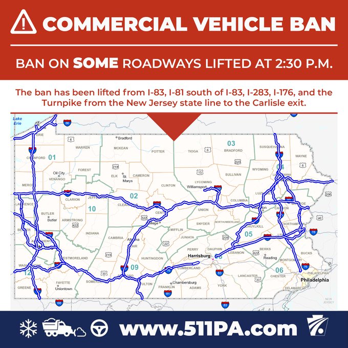 Map of PA with banned roads in blue. Text says the commercial vehicle ban was lifted on some roads at 2:30 p.m.