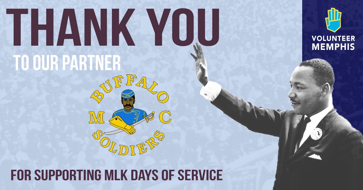 VolunteerMEM's tweet image. THANK YOU to 2019 #MLKDaysOfService partner Buffalo Soldiers Motorcycle Club for joining the #community effort to celebrate and honor Dr. Martin Luther King Jr.’s legacy with a weekend of community service projects in #Memphis.