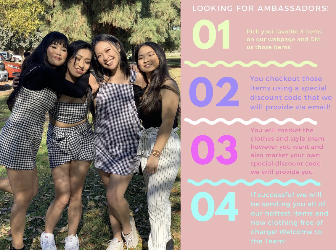 shopmuramura's tweet photo. LOOKING FOR AMBASSADORS! Join our Mura Model Team and become one of our ambassadors today using our 4 step process! Perks include Free Clothing Items. Custom Discount Codes and your profile on our webpage and social media! Inquire today and DM if interested! 🛍💝 #shopmuramura https://t.co/u1cO9a3Vgz