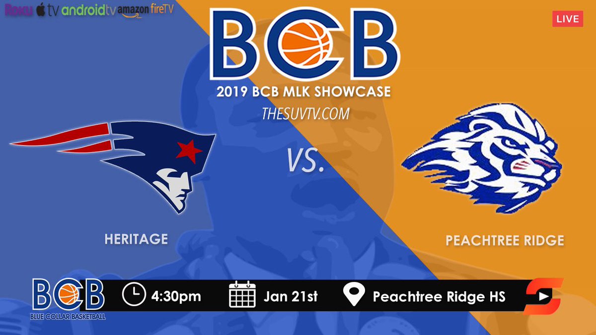 SUVtv's tweet photo. ๐จ2019 BCB MLK Showcase
๐Heritage-Conyers vs. Peachtree Ridge
๐
Mon., Jan. 21
โฐ4:30pm EST
๐Peachtree Ridge HS
๐บ https://t.co/vGIcEnHIoa
@Patriots_hoops @PRHSBasketball @HHS_Conyers @BigPlayBj @begreata23 @chris12williams @ScottTrelan
#BCBMLK #SUVtv https://t.co/lzMc9ABH1z