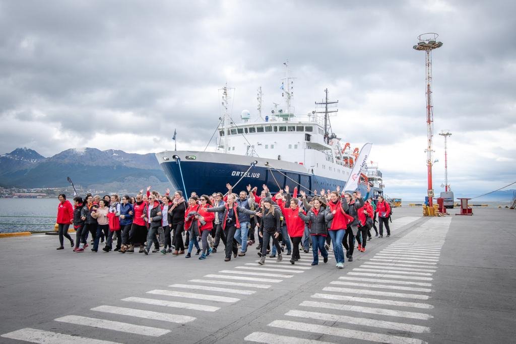 HomewardBound16's tweet photo. Homeward Bound's #TeamHB3 are back &amp; with their first steps on shore in #Ushuaia join #WomensMarch2019 another step closer to creating a global collaboration of #WomenInSTEMM who will shape the future of our planet #WomensWave #StrongerTogether #Acciona #HumanSynergistics https://t.co/gMJcCp9BQm