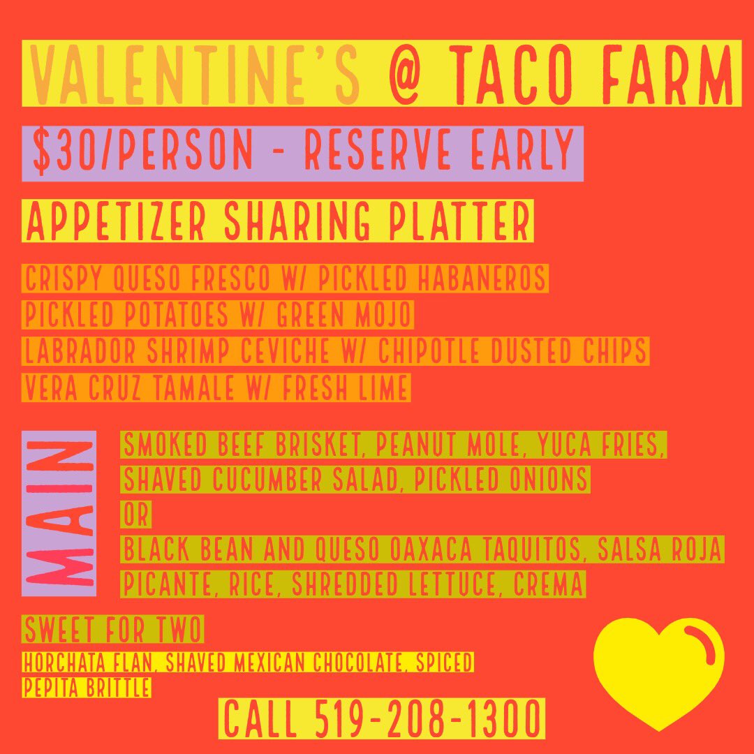 Taco Farm is setting up for a romantic evening on February 14th. Give us a call to book a reservation 🌮 ❤️🌮❤️🌮❤️🌮❤️🌮❤️