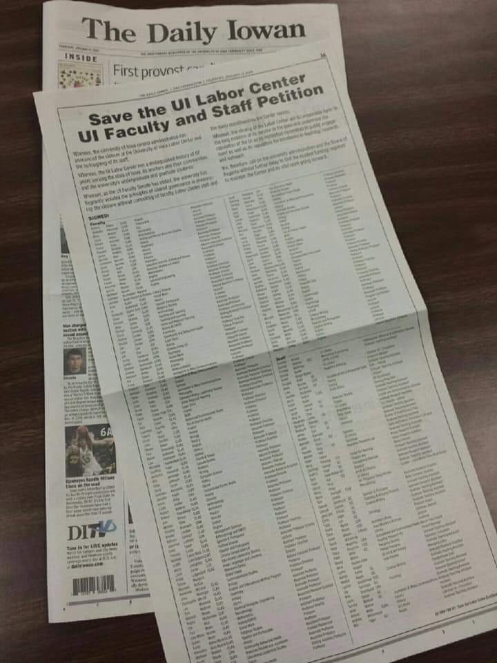 A pic of the newspaper version of our list of supporters on the UI campus.  Wow!  Together we will #saveourlaborcenter <a href="/uiowa/">University of Iowa</a> #1u