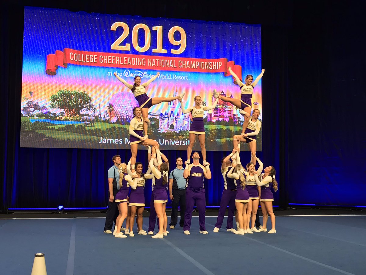 UCAupdates's tweet photo. The Dukes from James Madison University took the mat with confidence during Small Coed DI Finals! #UCAnationals 💜🙌🏼 https://t.co/JbCTXAduB1