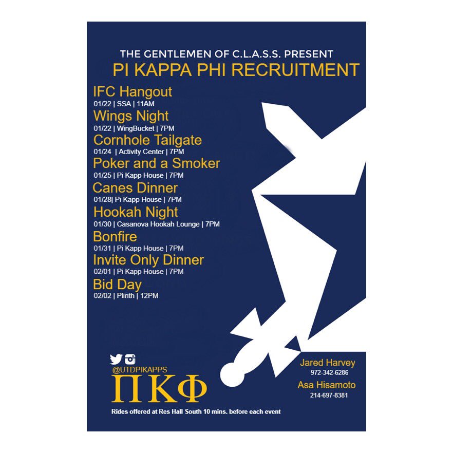 UTDpikapp's tweet photo. Interested in going Greek? Our Spring rush begins this Tuesday the 22nd starting with an IFC hangout in the morning and dinner the same day at WingBucket. Come out and find out what being a Pi Kapp is all about. #ODH https://t.co/EW9F5WkCbi
