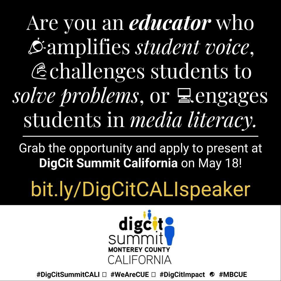 cogswell_ben's tweet photo. Hey #techrodeo tweeps! Do you 📣amplifies student voice, 💪challenge students to solve problems, or 💻engage them in media literacy!

Since you have the confernece buzz, why not apply to present at @DigCitSummit Cali on May 18!

https://t.co/xJdy7es365

#DigCitSummitCALI  #MBCUE https://t.co/DrUPDZ9wXK