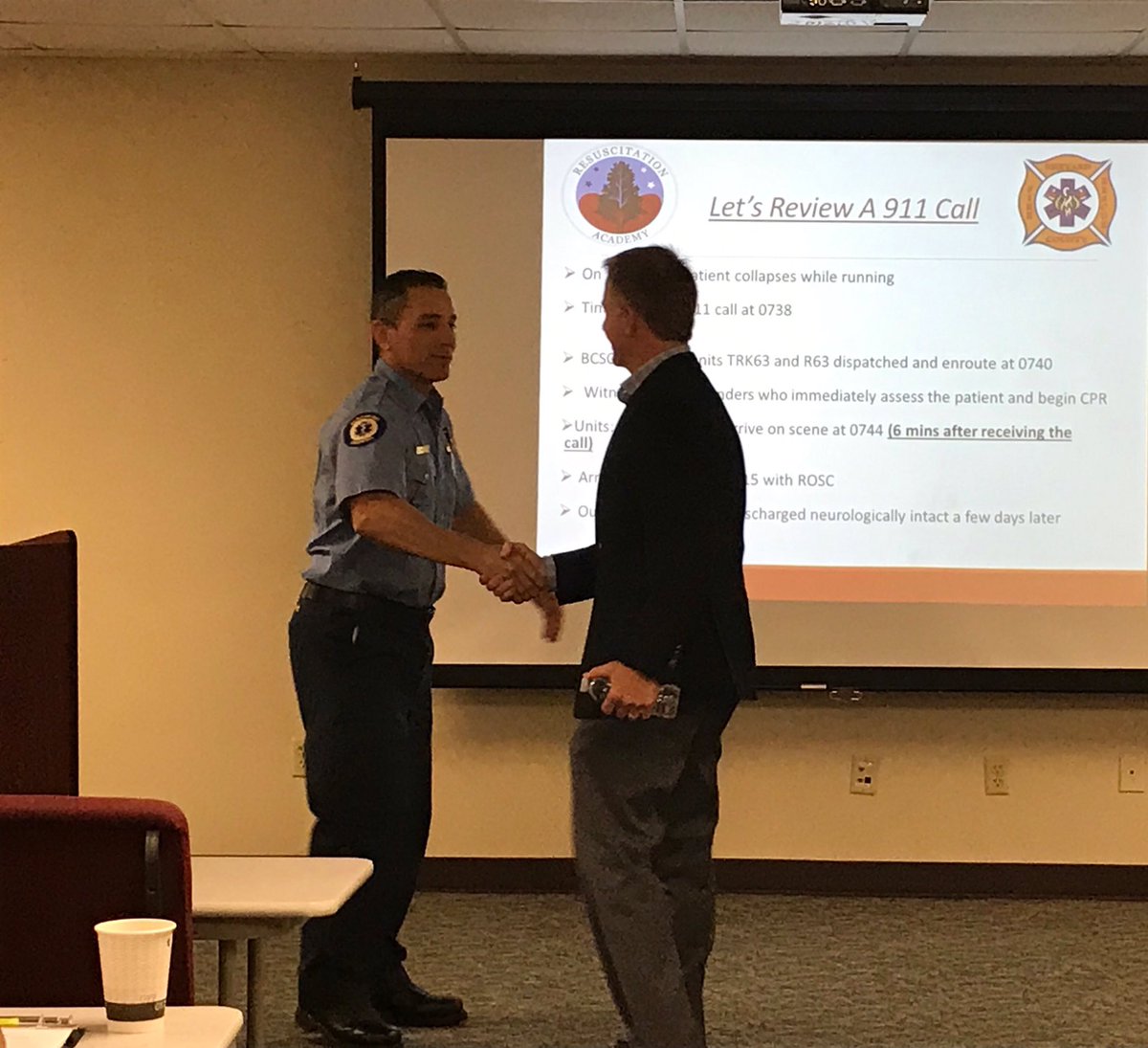 EMSOfficer's tweet photo. Reunited cardiac arrest survivor with one of BCFR crew members that assisted with the resuscitation. The expression on the Lt’s face was #priceless. Great way to kick-off the BCFR Resuscitation Academy Training.#Resusc #HPCPR #BCFRCares #BCFRPROUD #BCFREMSCatalyst https://t.co/qDgHlLYsQO