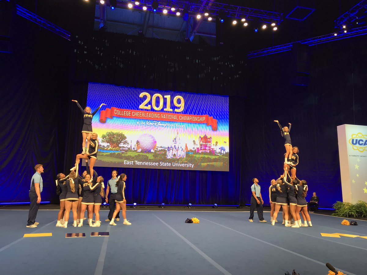 UCAupdates's tweet photo. Bucs! Get loud and yell with the East Tennessee State University cheerleaders during their All Girl DI Finals routine!💙💛 #UCAnationals https://t.co/s53HSww9ZJ