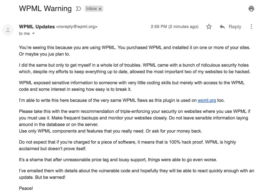 WPML warning email