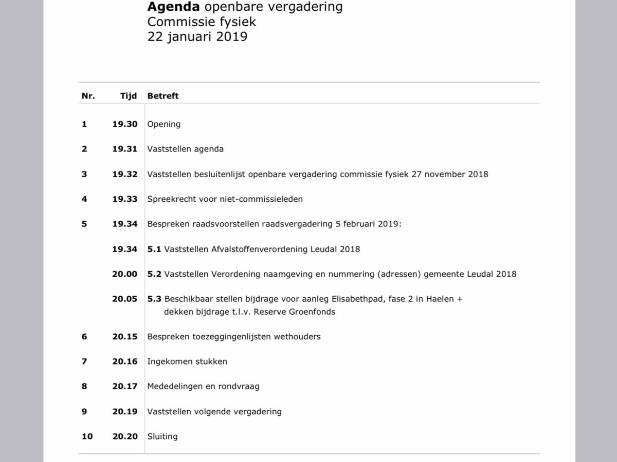 <a href="/gemeenteleudal/">Gemeente Leudal</a> Uitnodiging openbare vergadering van de Commissie Fysiek op dinsdag 22 januari 2019, aanvang 19.30 uur, in de raadzaal op de eerste verdieping van het 
gemeentehuis, Leudalplein 1 in Heythuysen. Hartelijk welkom!@SamenVerder