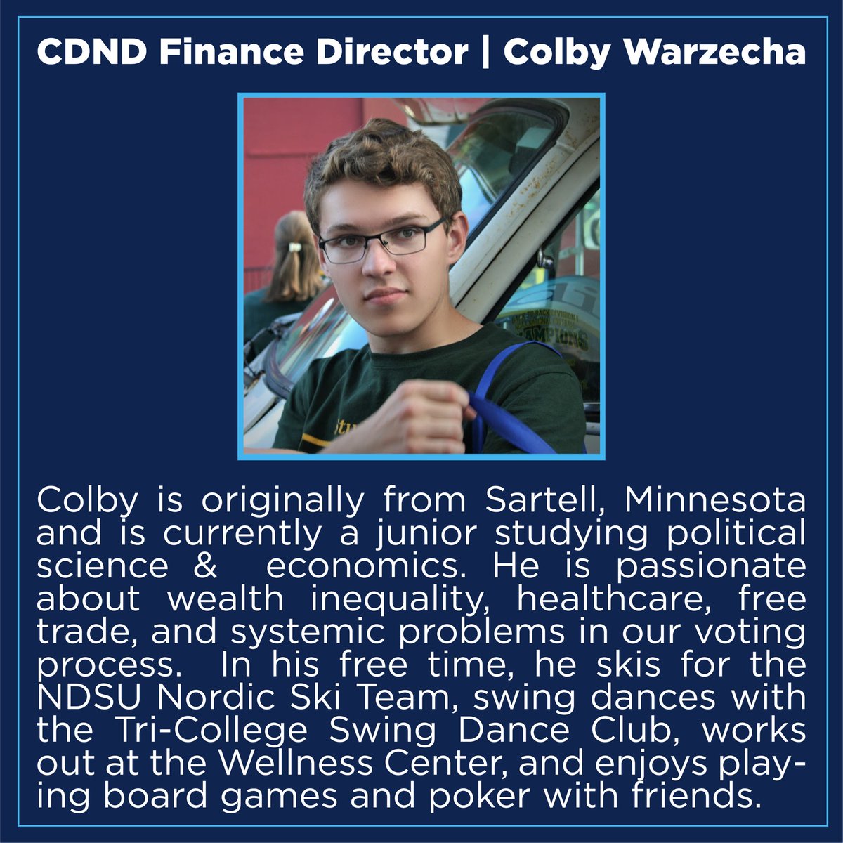 collegedemsnd's tweet photo. The second to last Executive Team member we’re introducing this week is our Finance Director, Colby Warzecha! https://t.co/pSFGXS34Z5