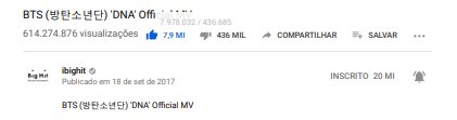PYprojeto's tweet image. Babies ajudem o @BTS_twt a serem o primeiro grupo a ter 3 MVs com mais de 8M de likes, e deem like no MV de DNA, atualmente faltam menos de 30mil likes 💜 #BraJin  #PYPROJECT 

-Pam🐻
