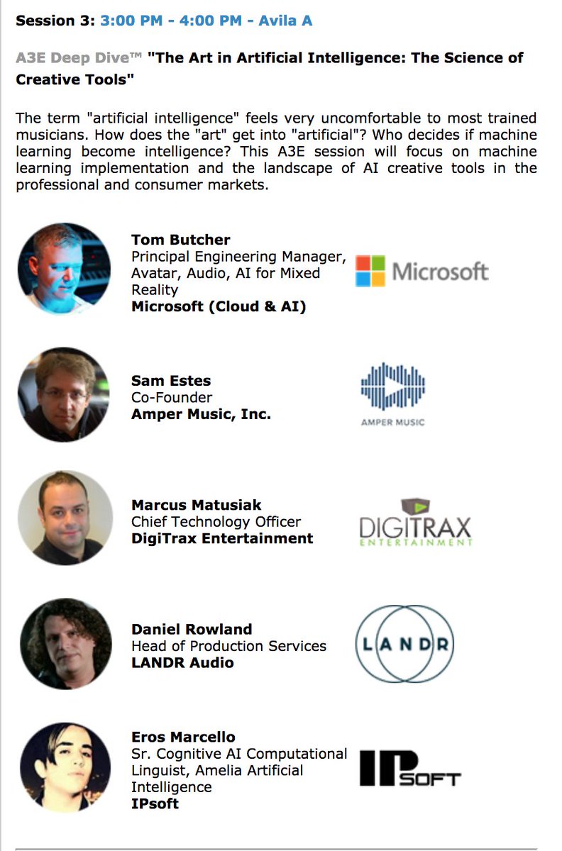 #A3E R&amp;D DAY <a href="/NAMMShow/">NAMMShow</a> delves into: The Art in Artificial Intelligence: The Science of Creative Tools. See presentations on the latest in #AI #music #composition from Microsoft, Amper Music, LANDR, IPsoft &amp; Digitrax's The Music Builder. SAT JAN 26 - HILTON 4th FL AVILA A at 3PM