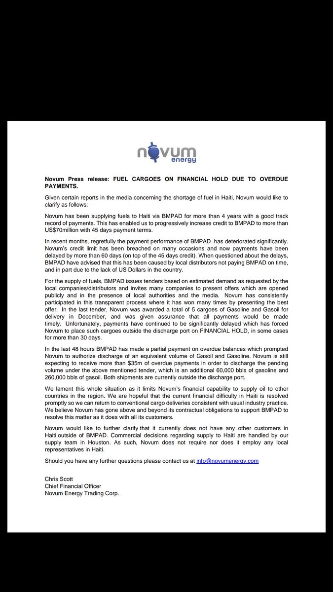 moisegarcon's tweet image. Novum Press release: 
FUEL CARGOES ON FINANCIAL HOLD DUE TO OVERDUE PAYMENTS.
#Haiti
#GovernanceCrisis