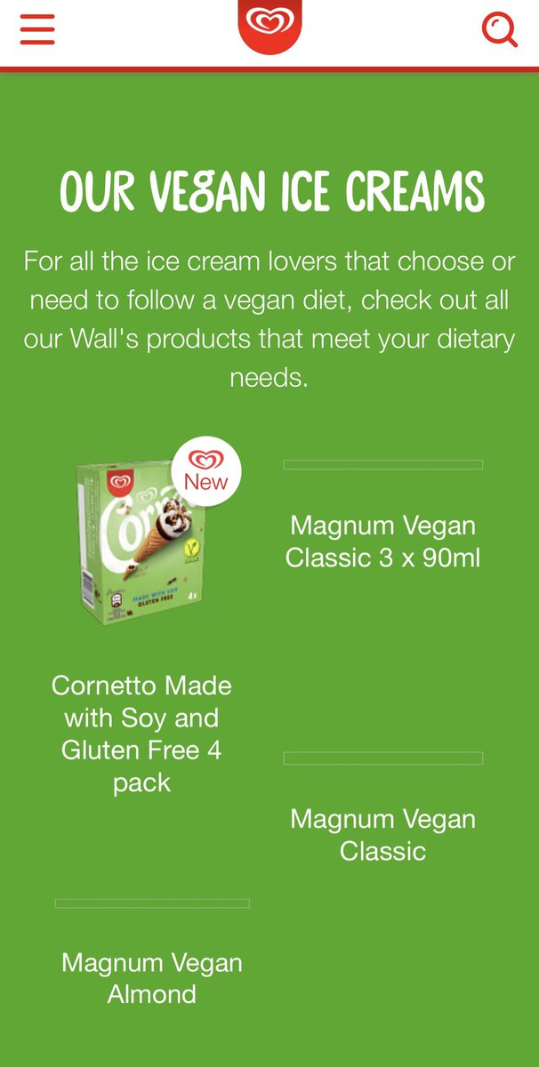 julieprunes's tweet photo. @JoyAngharad @jakeyapp @_B3NN3TT It is V-E-R-Y (#AngelFans) strange. According to the Walls website, there are only 6 Vegan products (2 of which are lollies) these being the other 4....(of which 2 appear to be the same “magnum vegan classic” but just diff sizes. But NO Vegannetta... #VegannettaConspiracy https://t.co/gOivAUh6dY