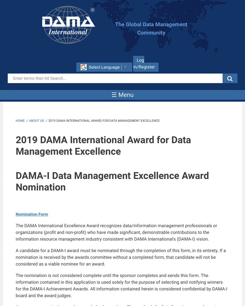 DAMA International Award for Data Management Excellence