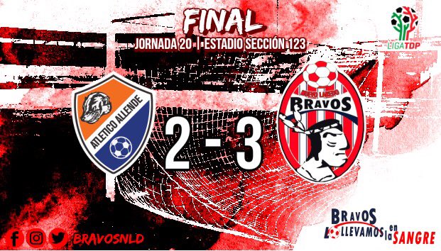 ⏱FINAL | #ALLE 2-3 #BFC
34’⚽️ @BlanquiGol
65’⚽️ 80’⚽️ Erick Villarreal
¡Primer triunfo del 2019! La segunda vuelta, la empezamos con el pie derecho.💪🏽
¡3pts hacia Nuevo Laredo!🏹
#LollevamosEnLaSangre🇦🇹