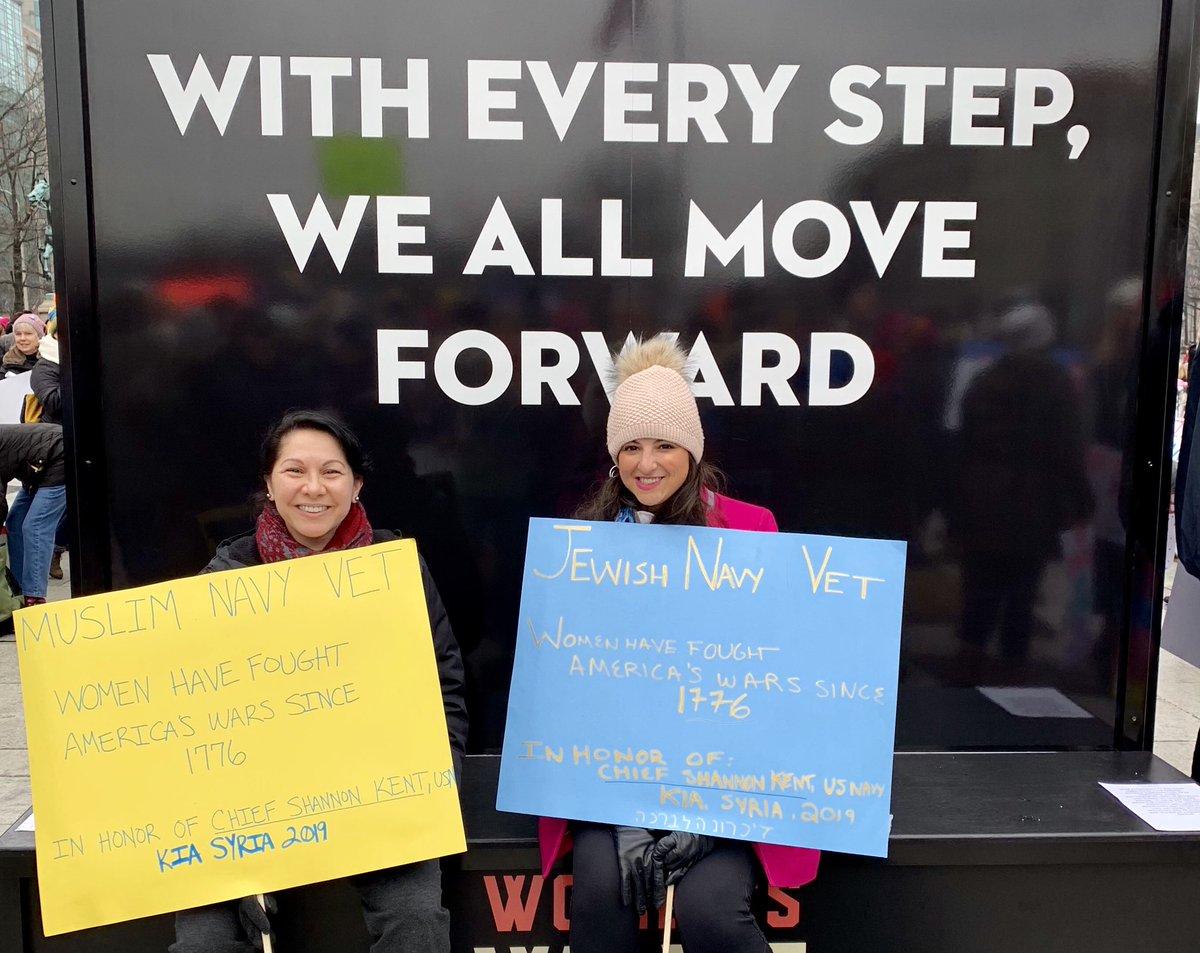 LylaKohistany's tweet photo. As a Muslim woman, Afghan immigrant, and former Naval officer, I was proud to march alongside my Jewish sister-in-arms @AN_Goldstein. We marched to honor our military sisters who have borne the battle and in memory of Chief Shannon Kent (RIP). @womensmarch @IlhanMN @RashidaTlaib https://t.co/US3vHaDpuw