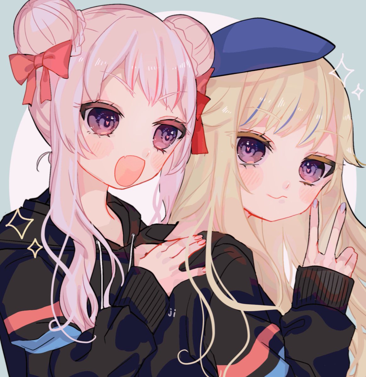 multiple girls 2girls hair bun double bun blonde hair pink hair purple eyes  illustration images