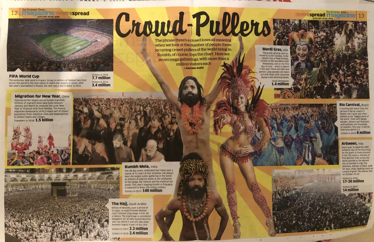 UditSheth's tweet photo. The #KumbhMela is so large and so auspicious that it attracts 1.5% of the worlds population - more than all other popular events put together 5 times over - such is the power of faith and the dignity of our culture #IncredibleIndia #crowdpullers - source @EconomicTimes https://t.co/Eo3P3RXwLF