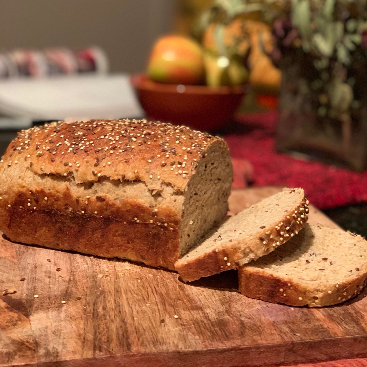 Bread #19: Whole-Wheat Quinoa Bread. My first bread of 2019! also husbae got a new phone with portrait mode! this was a comparatively quick & easy healthy-ish option bread. it has some flaxseed & quinoa baked right in, which gives it a nice multigrain flavor and texture.