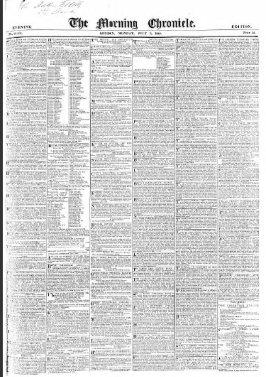 To put this in some perspective, here’s the real Morning Chronicle from that period. As usual, the front page is just a wall of small adverts.