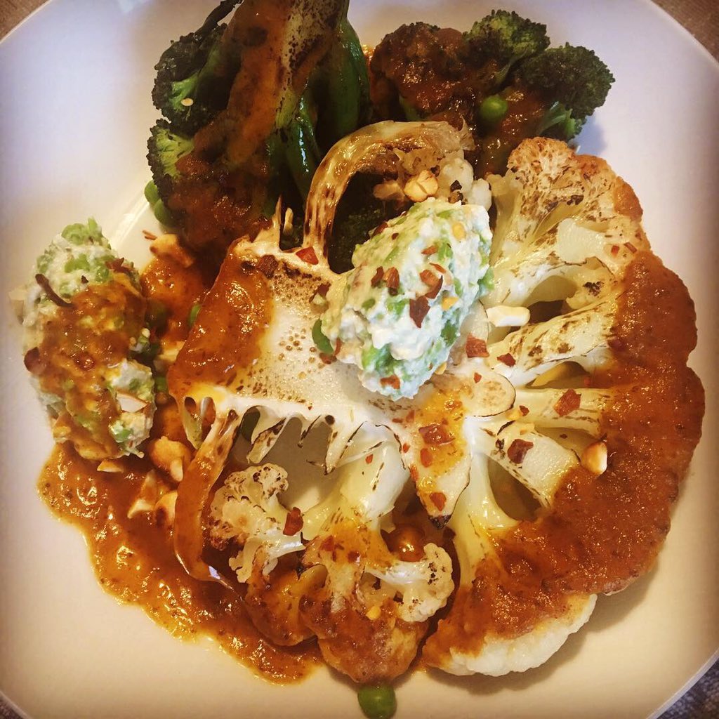 With #veganuary still in full swing I was asked to come up with some original recipes. 
This is my recipe for 
Pan roasted cauliflower &amp; broccoli steaks, light refreshing curry sauce topped with a tofu &amp; cashew nut crunch.
Works perfectly together and darn tasty.
<a href="/CooksMatches/">Cooks Matches</a>