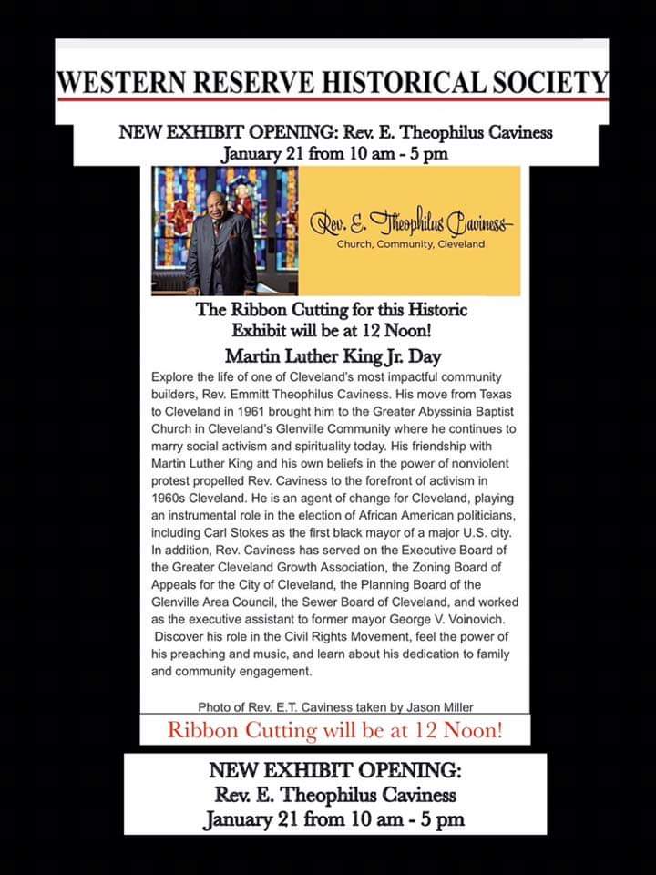 GABCCleveland's tweet photo. Ribbon cutting 1/21/19 @ noon.
Western Reserve Historical Society
Exhibit featuring Rev. E. T. Caviness https://t.co/CqsyWQ2TyZ