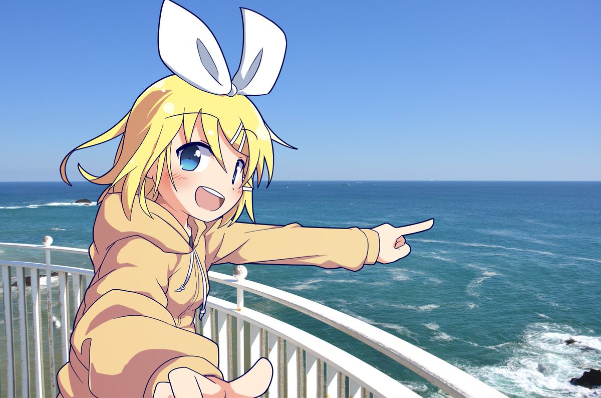 kagamine rin 1girl blonde hair pointing ocean solo hood hair ornament  illustration images