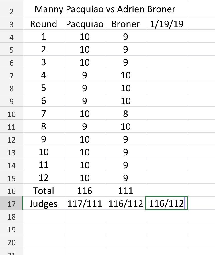So here’s my card for #PacquiaoBroner I was a bit distracted, so I wasn’t sure, but my card was close to the judges, so I guess I wasn’t far off. I scored round 7 10/8 b/c PAC hurt Broner good. Broner as classless as ever after the fight. Pac-Man still got it!