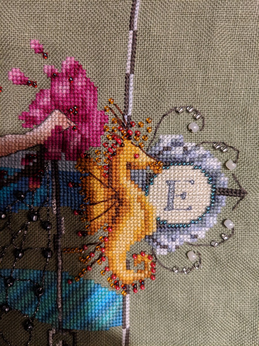 katstuckinatr33's tweet photo. Seahorse beading done. Just need to fill in 2 missed stitches. #7monthsprogress #crossstitch #mirabiliadesigns https://t.co/TXKIpwoa6X
