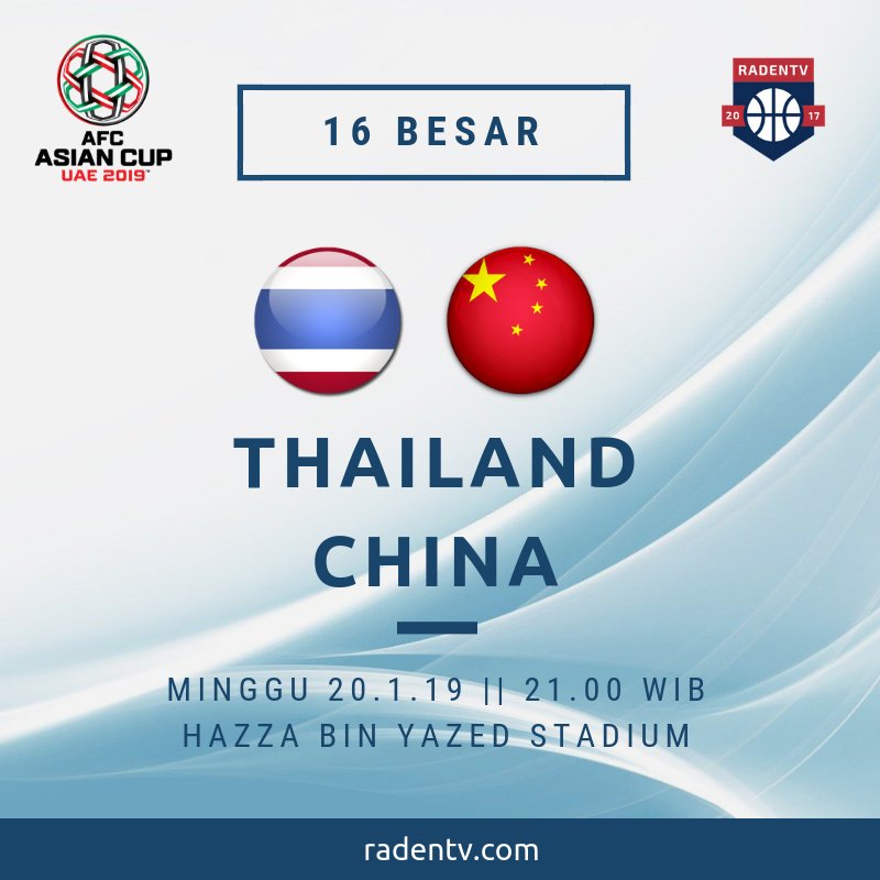 π Piala Asia 2019
π Thailand vs China
π Minggu 20.1.19
β² 21.00 WIB
π± https://bit.ly/2RSToGMΒ
#ThailandChina #AFCAsianCup2019