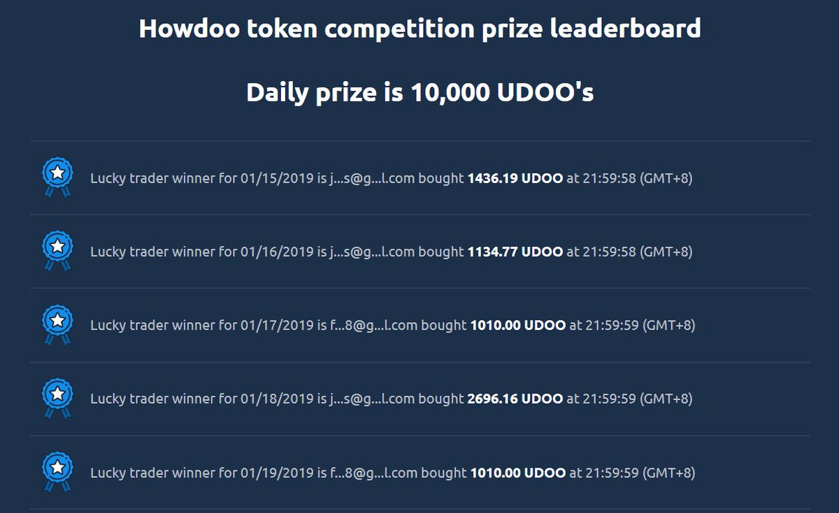 ex_markets's tweet photo. Daily 10,000 UDOOs will be attributed to the last trader buying at least 1000 UDOO before the hour ends! Hurry up to ExMarkets to put in your shot at the prize! @howdooHQ #crypto #cryptocurrency #trading #trader #exchange #tournament #competition #leaderboard https://t.co/wRQ2SyKrwH