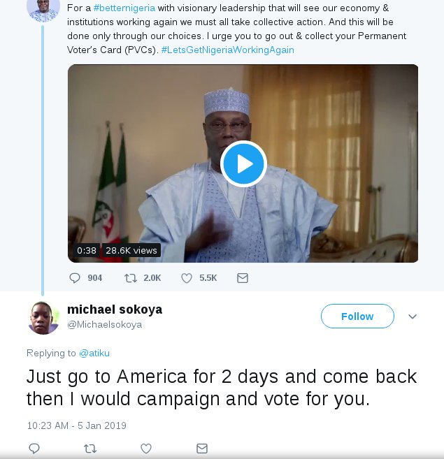 realAtiku_GCFR's tweet photo. Dear @Michaelsokoya, I have gone to America ooo and I am back. #LetsGetNigeriaWorkingAgain https://t.co/NdvsIs3xXn