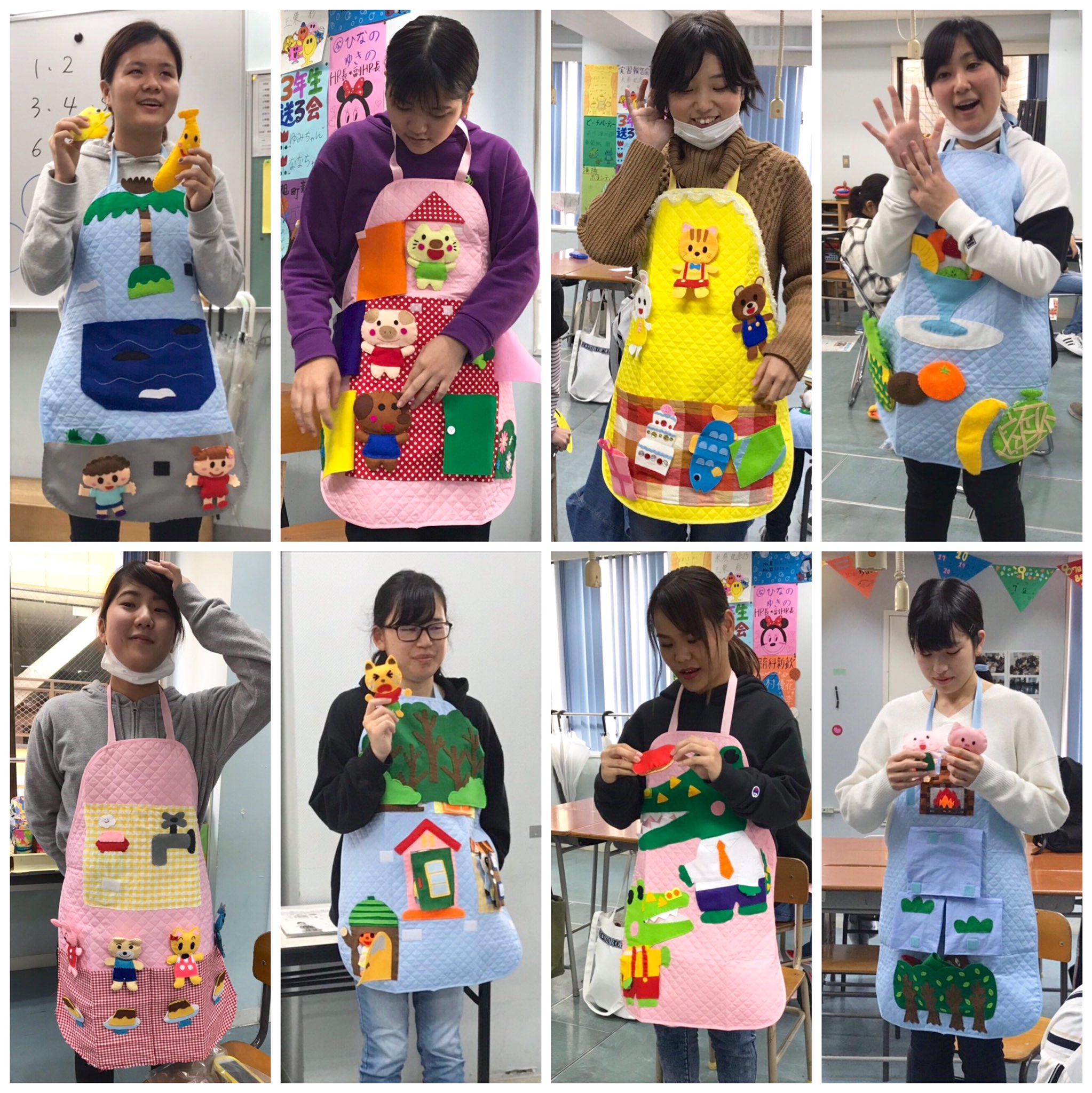 Kbc学園 大原 エルケア エプロンシアター発表会 物語に登場する キャラクターたちは 全部学生たちの手作り 出来上がったら みんなの前で発表するよ どれも上手 エルケア医療保育専門学校 エルケア エルケア保育 保育 エプロン