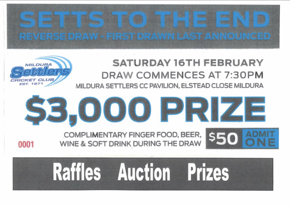 SettsCC's tweet photo. Gday Settlers! Our setts to the end draw is back! Win yourself $3000 for only 50! That includes drinks all night! Pretty good deal that! See you down at the rooms! #settlers https://t.co/cu8CfD3HHP