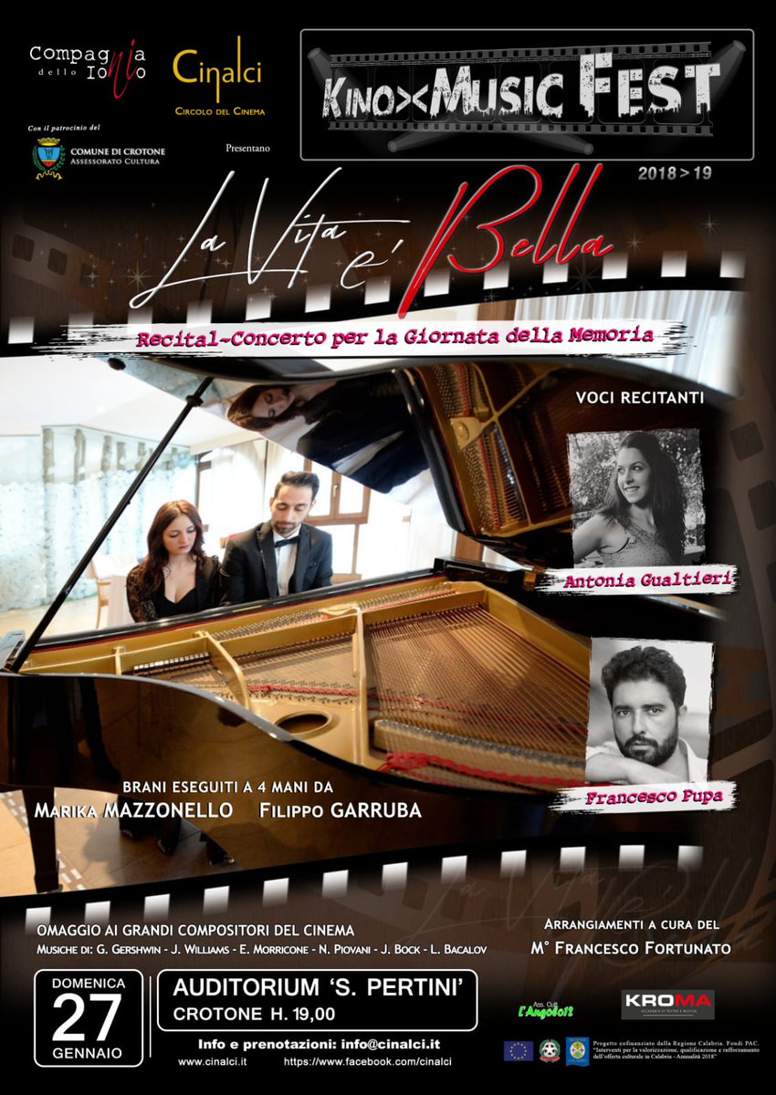 FilippoGarruba's tweet photo. #next #concert #lavitaèbella #lamusicadelcinema #crotone #recital #giornatadellamemoria https://t.co/wGrePADoBB