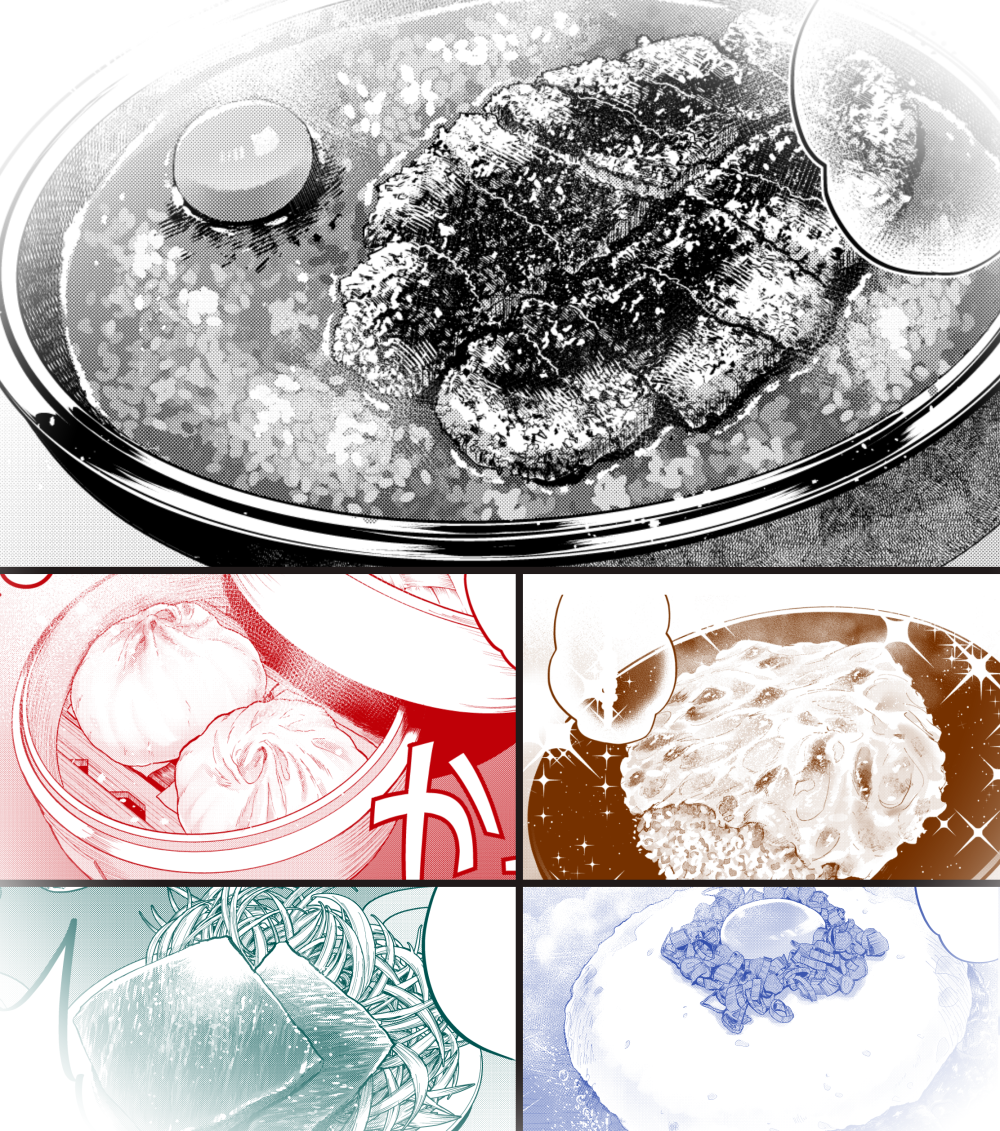 そこのお前！モノノケソウルフード1巻に含まれる飯は
・心斎橋ニューライト　セイロンライス
・梅田まんねん　オムちゃーはん
・富田林大門　お好み焼き
・戎橋蓬莱本店　豚まん
：難波かどや　ホルモン
の5食分だぜ！ 