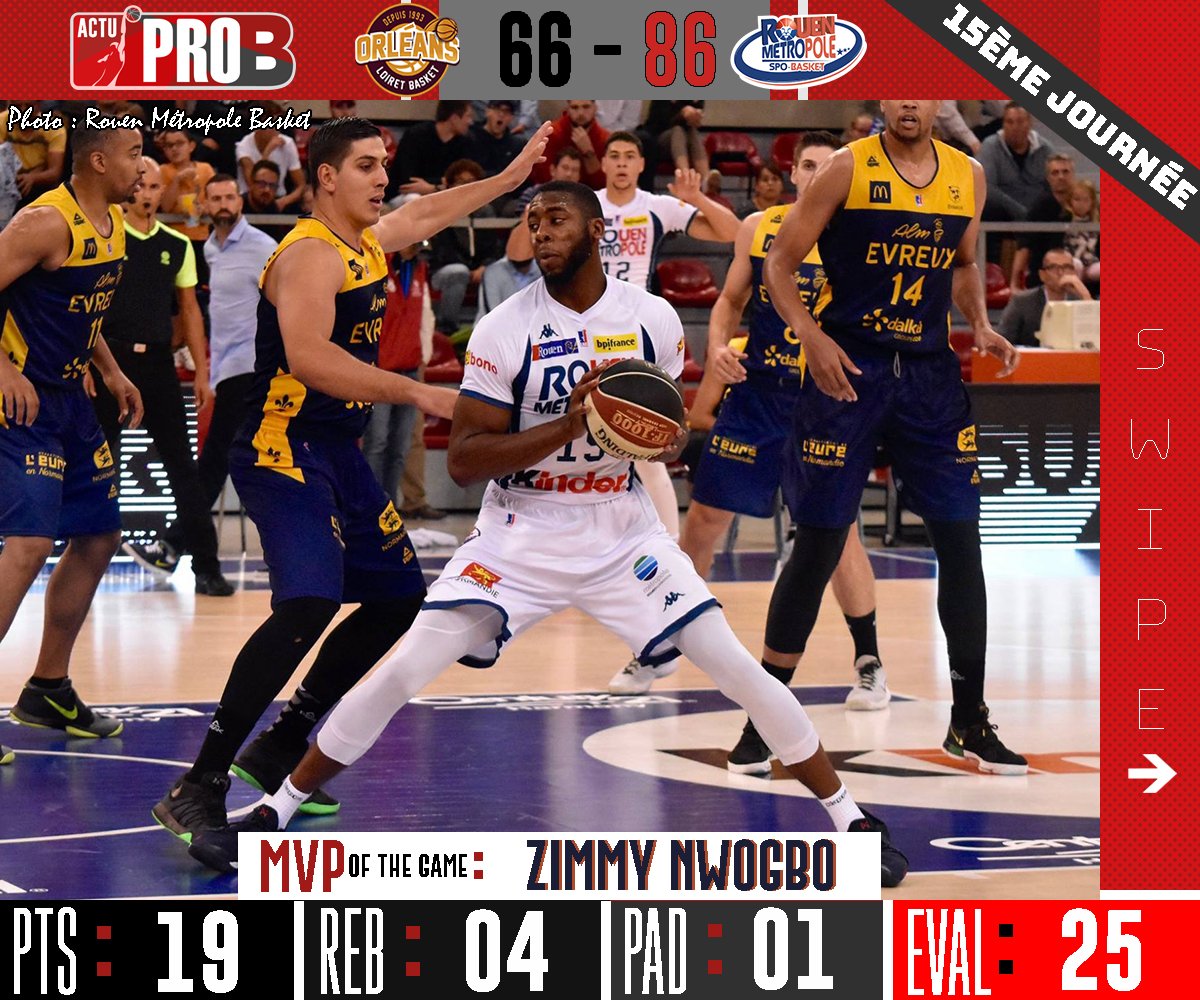 @RouenMBasket crée la sensation en s'imposant de 20 points à Orléans ! @Dat_Boi_Z_32 est élu MVP de la rencontre grâce à ses 25 d'évaluation. #LNB #ProB #J15 #RMB #Rouen