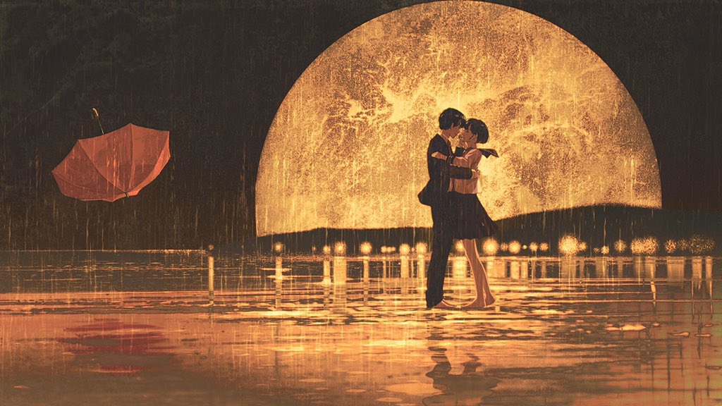 1girl 1boy umbrella moon rain hetero night  illustration images