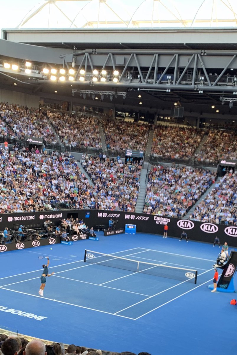 KelRams's tweet photo. What a night to experience my first tennis match! 😱 @rogerfederer and @StefTsitsipas at the #AusOpen was a special experience! Special thanks to @KatriSolCtr for teaching me all things tennis! #LoveTheGame https://t.co/KyICQBTGJc