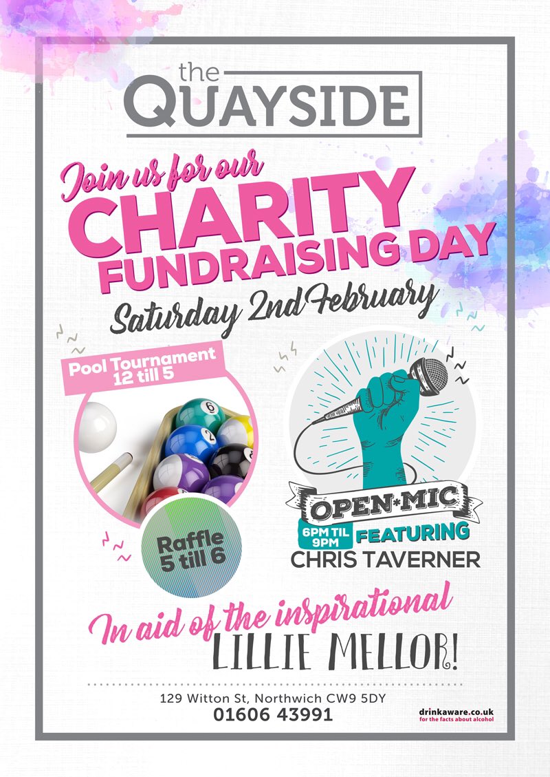 The Quayside is having a charity day to raise money for little Lillie Mellor #Charity #localcharity #lilliemellor #openmic #pooltornament #christaverner #northwich #quayside