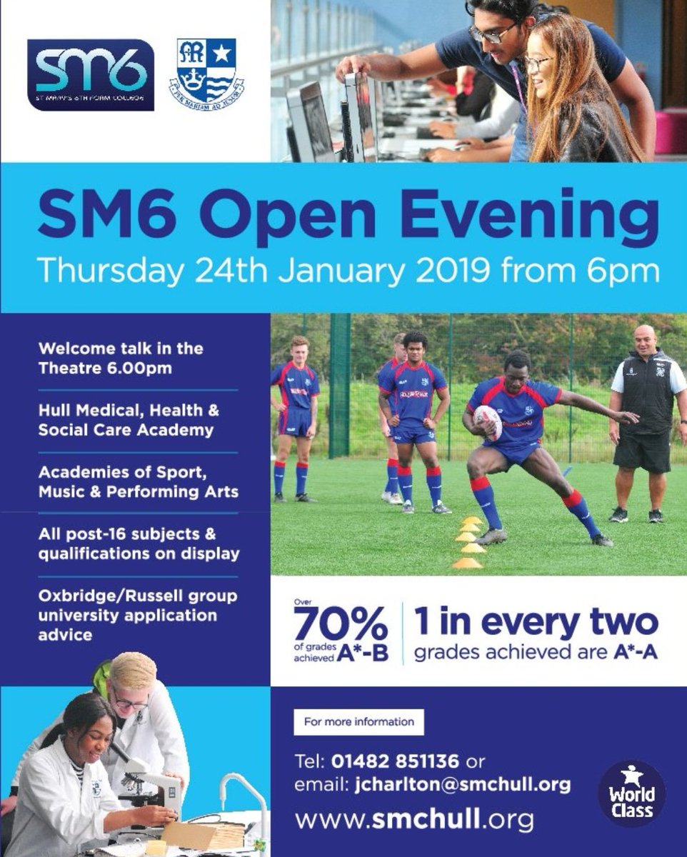 SMCHull's tweet photo. Don't forget if you are currently in Year 11, your next chance to come &amp; visit our #worldclass Sixth Form provision @SM6Hull takes place this coming week on Thurs 24th January from 6pm. Applications welcome from ALL students. Come along &amp; see the range of courses and facilities? https://t.co/wnP2xSyloT