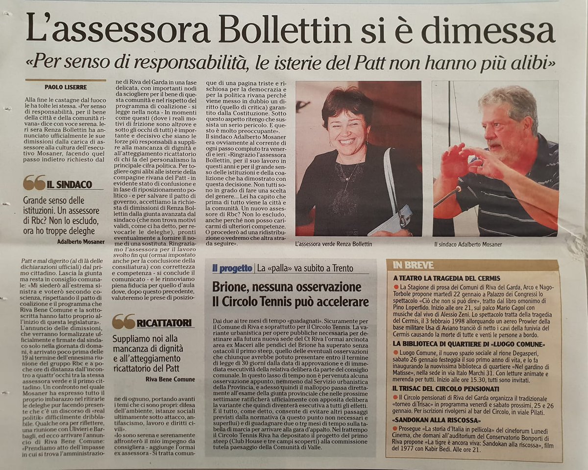 PaoloBarbagli's tweet photo. A Riva del Garda (TN), l'Assessora alla Cultura Renza Bollettin è stata costretta a dimettersi semplicemente perchè, durante il Congresso Nazionale del suo Partito, i Verdi, ha osato criticare due Partiti, la Lega  e il PATT (Partito Autonomista Trentino Tirolese) https://t.co/G3ML6jfVsH