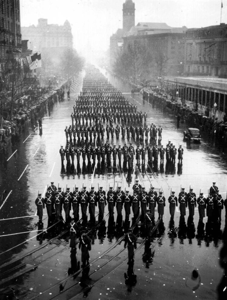 Inaugural parade of U.S. President Franklin D. Roosevelt in Washington, DC on this date January 20 in 1937. Photo credit: AP.