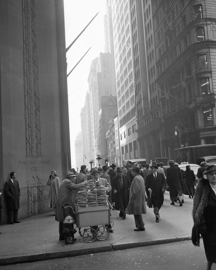 Wall Street and Broadway in New York City on this date January 20 in 1952. Photo by Bob Kradin.