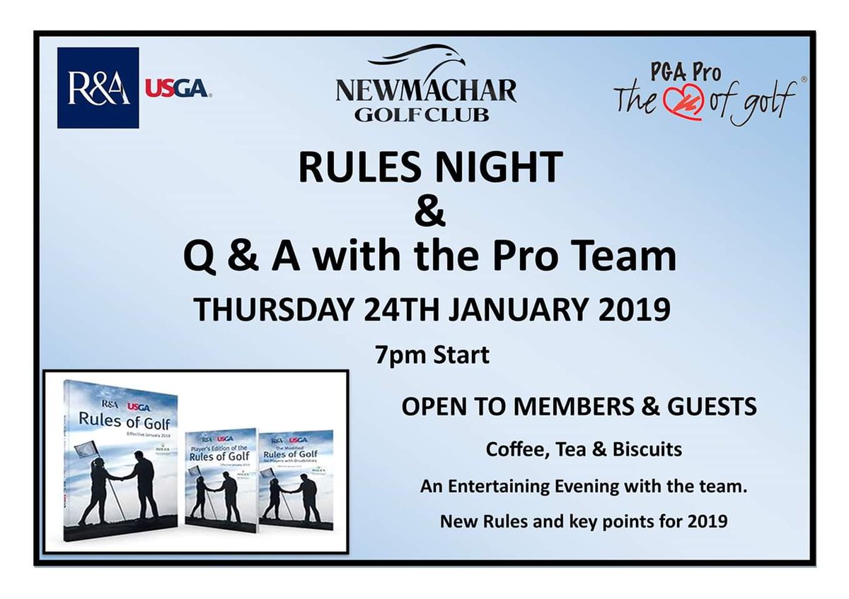 NewmacharGC's tweet photo. An Entertaining Evening with the NGC Pro team. Greg McBain, Billy Fyfe, Andrew Myles & Ronnie McDonald
New Rules and key points for 2019
Questions & Answers with the Team
Coffee, Tea & Biscuits
Arrival from 6.30pm for 7pm Start
#getinvolvedpeople #golfthefunway #futureofgolf https://t.co/qovFZUv661