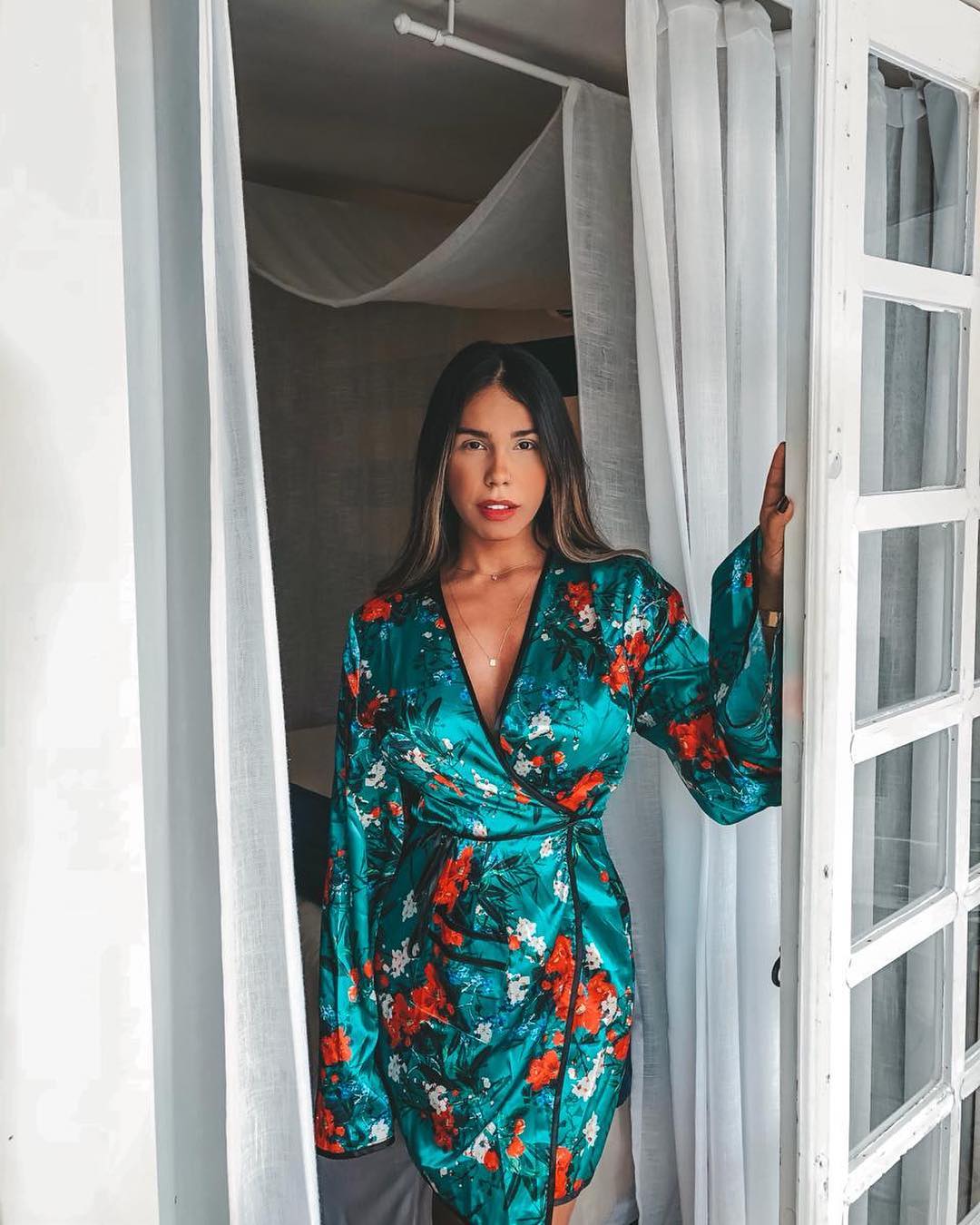 green oriental contrast kimono wrap dress